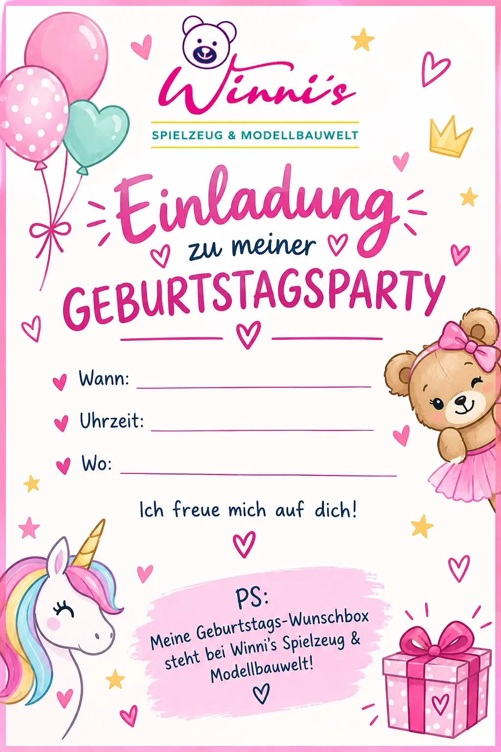 Einladung zur Geburtstagsparty in Rosa mit Hinweis auf die Geburtstags-Wunschbox