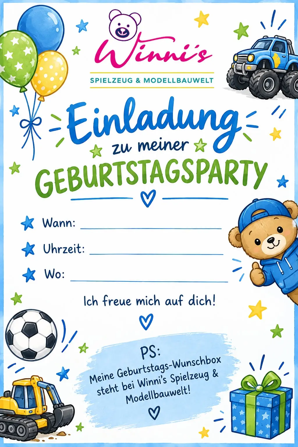 Einladung zur Geburtstagsparty in Blau mit Bagger, Fußball und Teddy