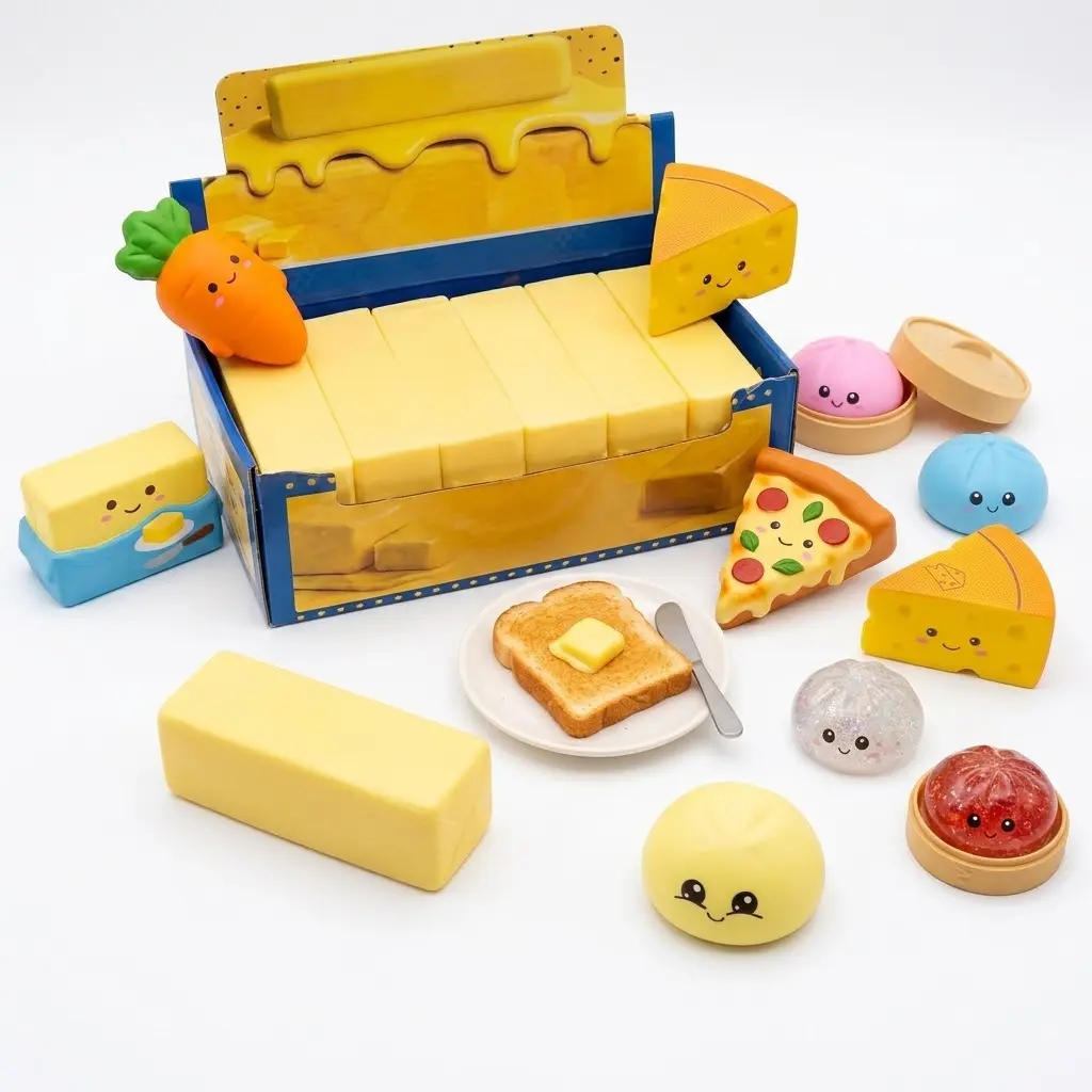Squishys in Form von Butter, Karotte, Käse, Pizzastück und Dumplings