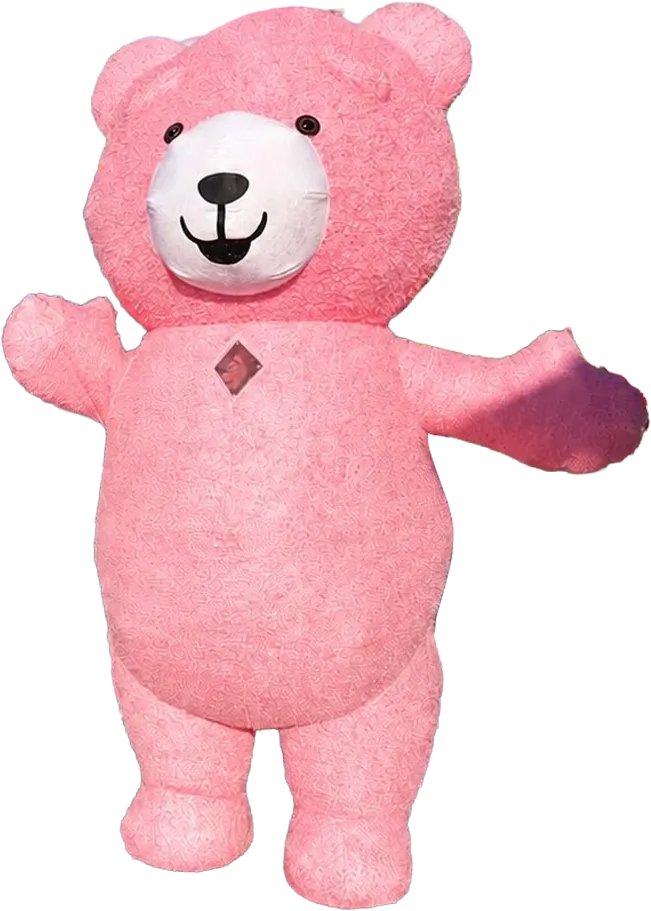 Der Winni-Bär, das rosa Maskottchen von Winni’s Spielzeug & Modellbauwelt, winkt